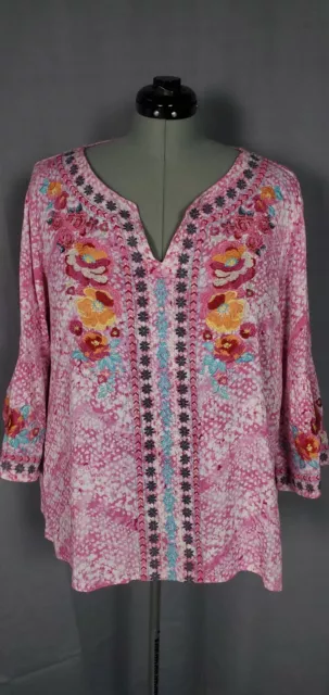 Savanna Jane Top Womens 1X Vibrant Pink Floral Embroidery Boho Tunic Western Gal
