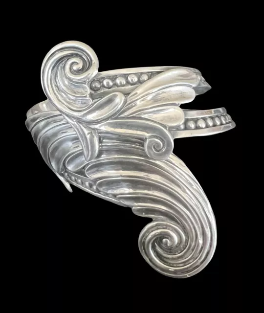 Margot de Taxco Mexican Art Deco Sterling Silver Swirls Spring Cuff Bracelet 94g