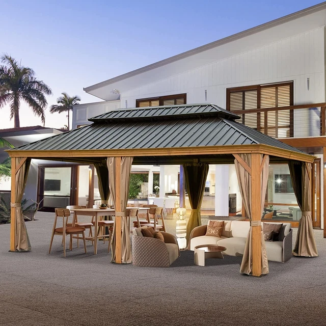 12' X 20' Hardtop Gazebo Outdoor Aluminum Wood Grain Frame w/Sidewalls