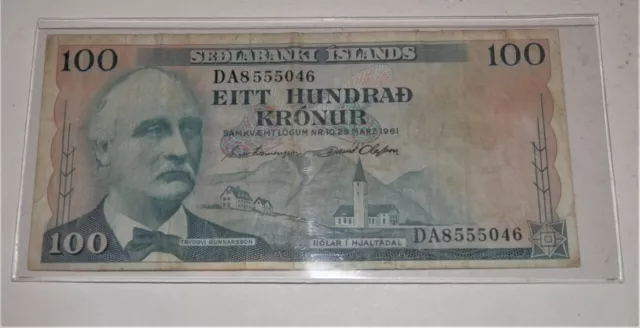 1961 100 Kronur, Iceland, Creased, Sedlababki Islands, MA #4952