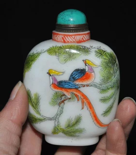 3.4"China Glass Colored glaze painting fengshui flowers bird snuff bottle statue