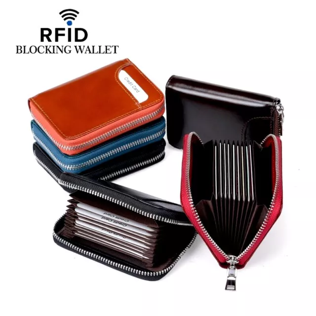 Mens Leather Zipper Slim Wallet RFID Blocking Credit Card Holder Thin Purse