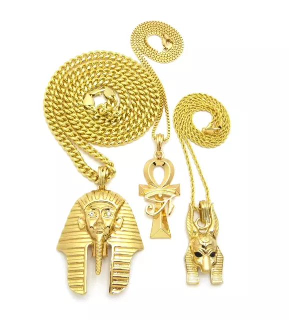 Hip Hop King Tut & Ankh & Anubis Egyptian Pendant 24" & 30" Chain Necklace Set 3