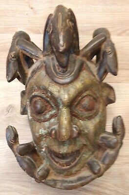 Stunning Old African Tribal Mask with Lizard Figures & Inlaid Metal- UNIQUE