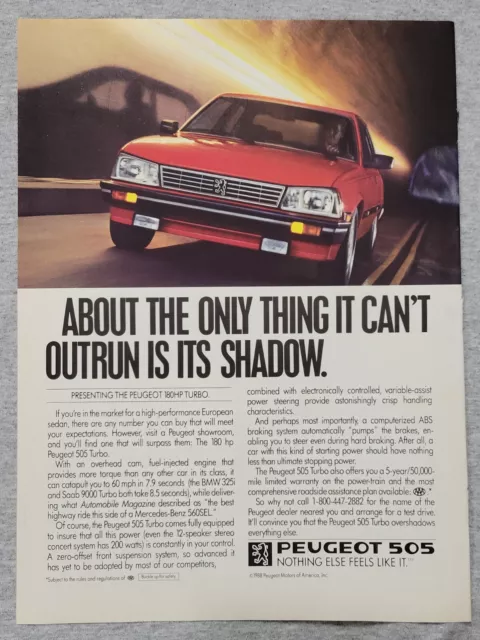 1988 Magazine Advertisement Page Peugeot 505 Turbo Car Sign Vintage Print Ad