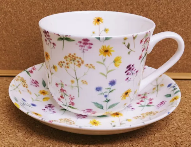 Meadow Flowers Cup Saucer Bone China Breakfast 15oz Jumbo Large Floral Decor UK