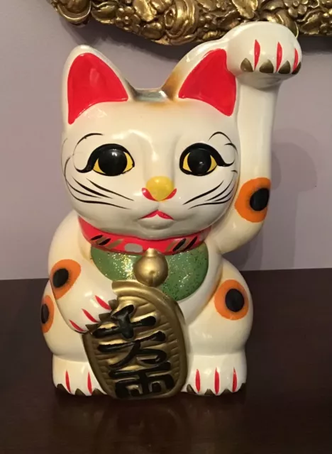 Japanese MANEKI NEKO 7” Beckoning Fortune Lucky Cat Coin Bank Ceramic Figurine
