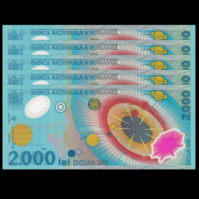 Lot 5 PCS, Romania 2000 Lei, 1999, P-111, Polymer, UNC