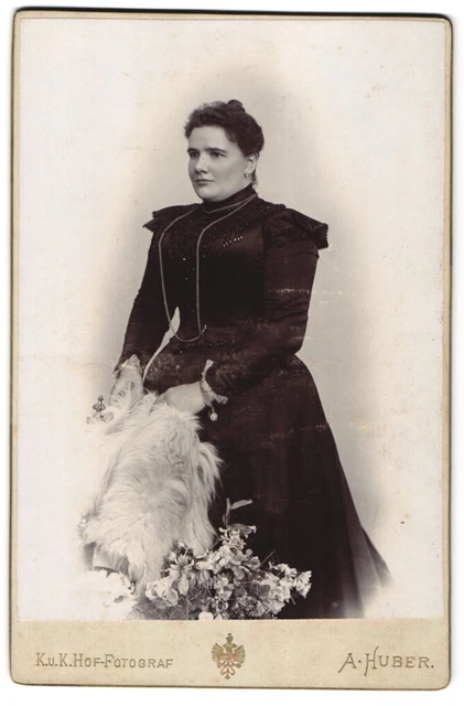 Fotografie A. Huber, Wien, Stefansplatz 2, Portrait junge Dame im bestickten Kl
