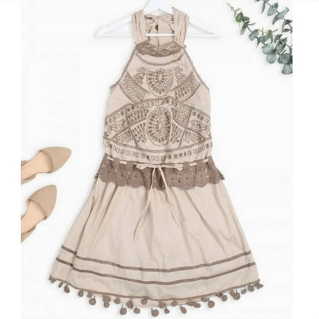 Ryu handmade embroidered eyelet crochet halter dress tan brown large
