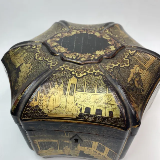 Antique 19th Century Chinese Export Gilt Lacquer Tea Caddy Box w Pewter Insert