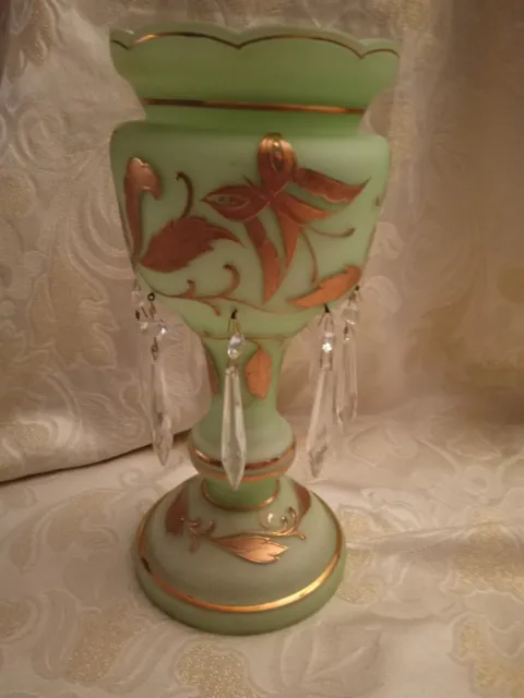 Victorian Bohemian Green Case Glass Heavy Raised Gold Trim Mantle w Prisms
