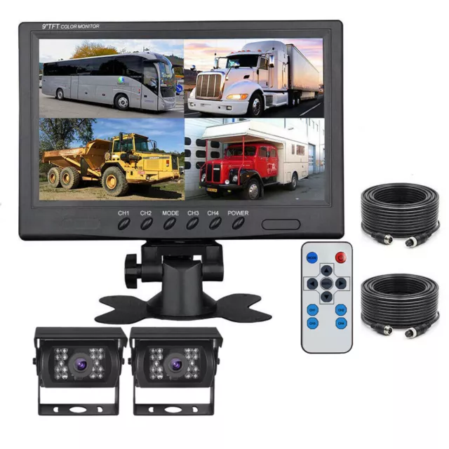 9" Quad Split Monitor Screen Rear View Backup Ccd Camera System For Bus Truck Rv