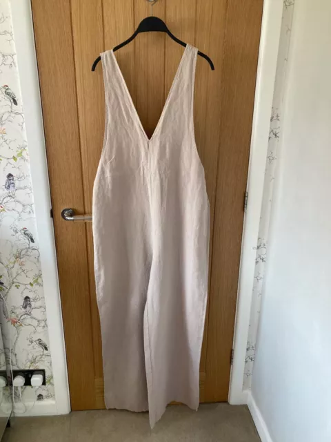 BNWT ZARA Sand Linen Blend Wide Leg Dungaree Jumpsuit Size L