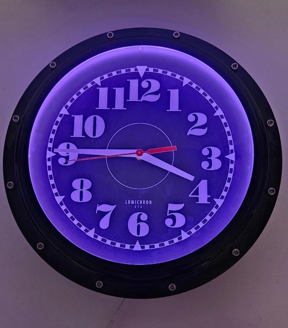 VINTAGE LUMICHRON USA Purple Neon Glass Wall Clock Black Metal with