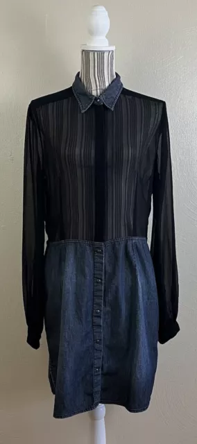 Diesel Black Blue Denim Sheer 2-Tone Large Long Sleeve Women's Dress A06