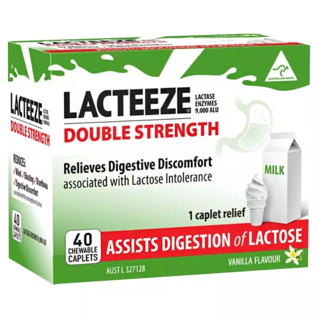 Lacteeze Double Strength Vanilla Flavour 40 Chewable Caplets Lactose Digestion