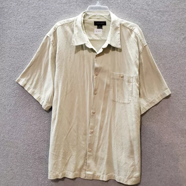 Toscano Men Button Up Shirt 2XL Beige 100% Silk Pockets Short Sleeve Collar