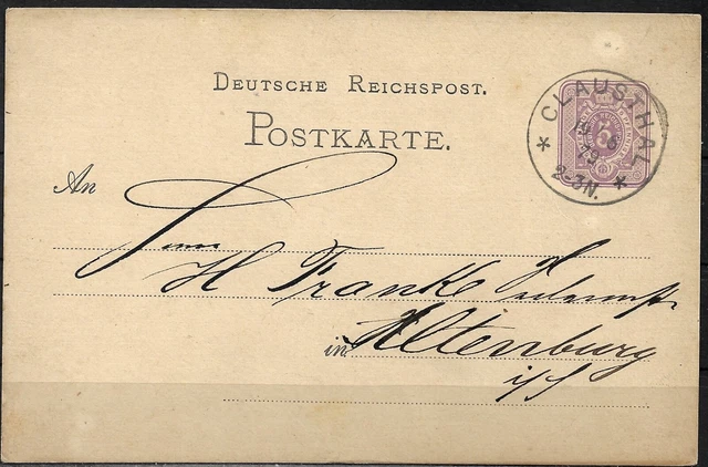 DR 1879 Ganzsachen.Postkarte P 5 I - 02 - 5 Pf.viol Rp., Clausthal - Altenburg