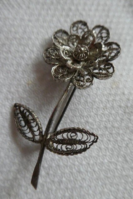 Broche Fleur En Argent Filigrane - Vintage (Poinçon Étranger)