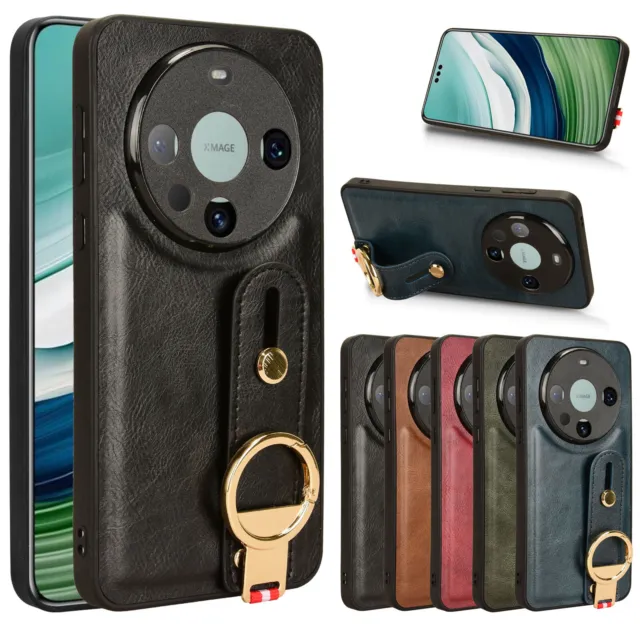 For Huawei Mate 60 Pro, Hybrid Retro Leather Wrist Strap Case Cover Ring Opener