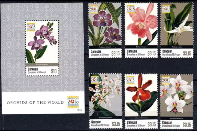 St.vincent/Canouan 2015 Singapore Stamp Show / Flowers + S/Smnh Orchids