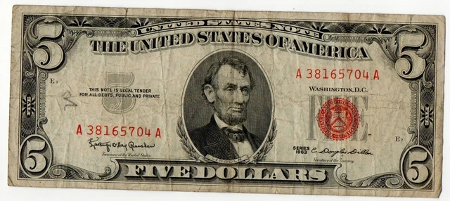 1963 Five Dollar RED Seal Note United States Average Circ