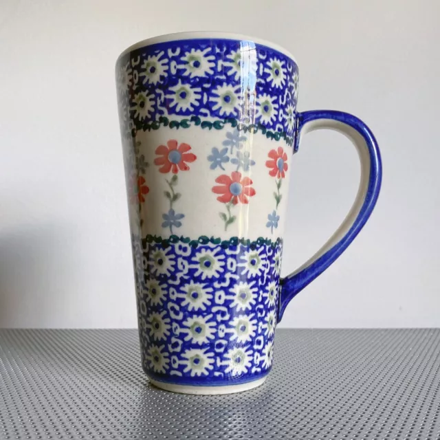 Polish Pottery Boleslawiec Tall Mug Cup Latte Coffee Blue Red Flower Manufaktura