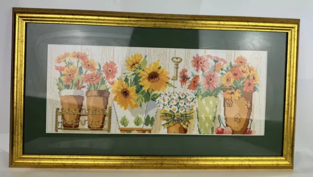 Large Vintage Floral Pots / Vases Tapestry Picture Gold Frame Landscape 25 X 14”