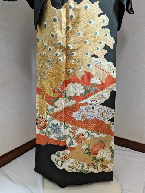Japanese Kimono Tomesode Antique Silk Fabric Black Floral Peacock Kimono only 6