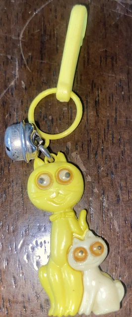 Vintage 1980s Plastic Bell Charm Yellow White Cats For 80s Charm Necklace