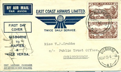 New Zealand 1935 FFC First Flight cover East Coast Airways Gisborne Napier 