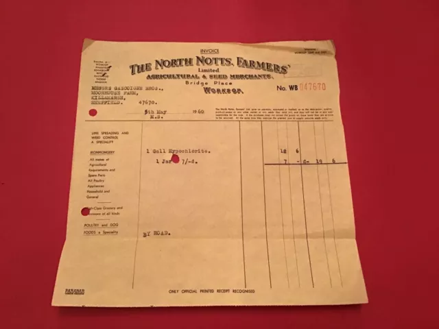 The North Notts Farmers Ltd Agricultural & Seed Merchants 1960  receipt R35330