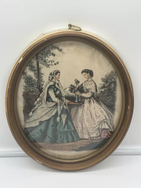 Antique Bubble Glass Wood Frame With Victorian Ladies Art 12 x 9.75 See Details