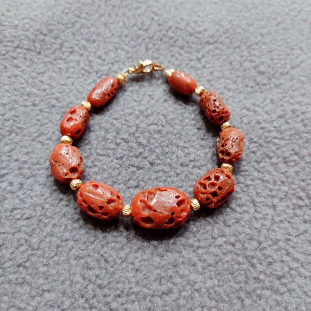 Bracelet Perles Corail Naturel Rouge - 58 Carats - Laiton - Fait Main Italie - Neuf