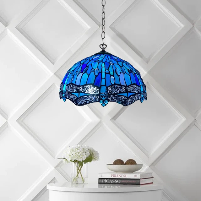 Blue Dragonfly Tiffany Pendant Lamp 16 inch Stained Glass Shade Antique Style