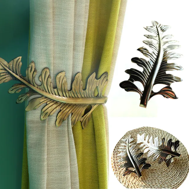 2PC Leaf Curtain Tie Back Hold Backs Holder Brass Tassel Hooks Gold Bronze Decor