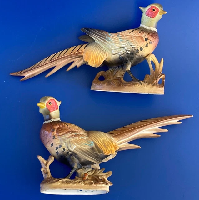 PAIR Vintage 1964 INARCO FIGURINES Ceramic ROOSTERS RING NECK PHEASANTS JAPAN A-