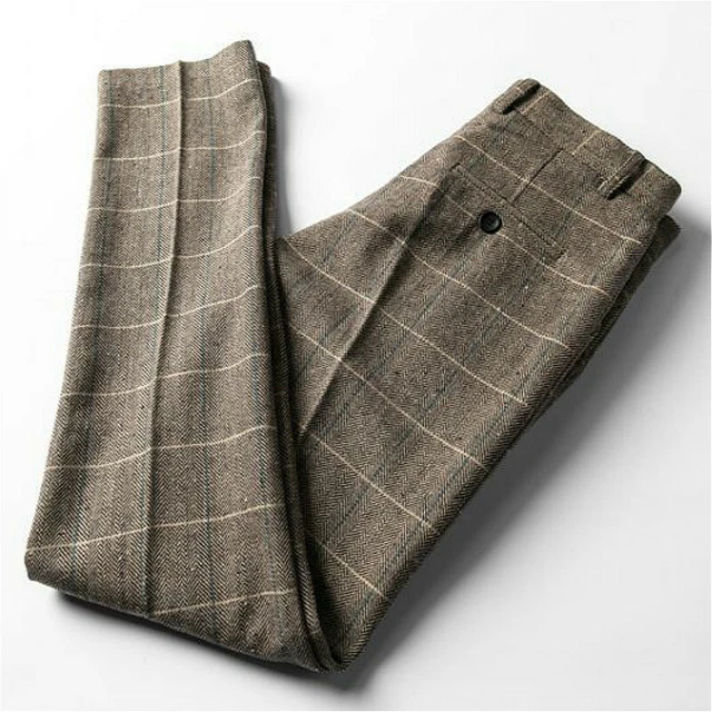 Hommes Laine Mélange Pantalon Tweed Chevron Britannique Droit Jambe