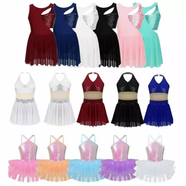 Girls Ballet Dance Leotard Dress Kids Ice Skating Gym Sequins Tutu Skirt Costume