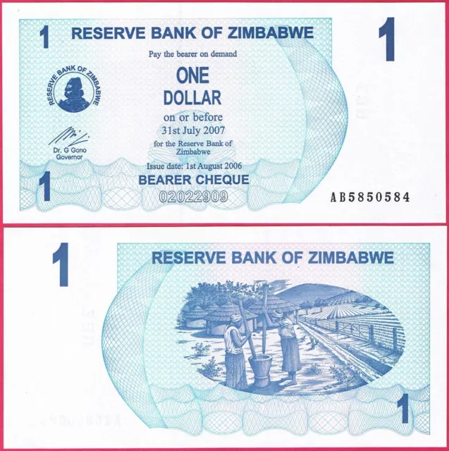 Zimbabwe 1 Dollar 2006 P37 Bearer Cheque Unc