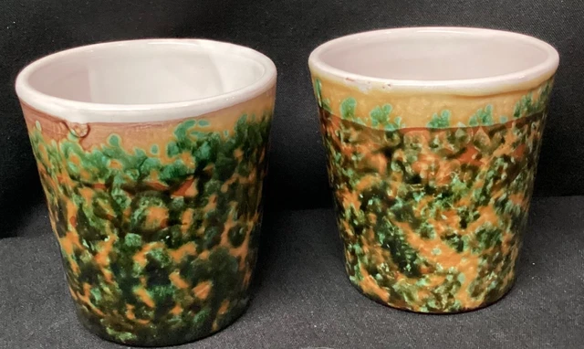 Pair of two (2) terra cotta beverage tumblers artisan glaze Italy
