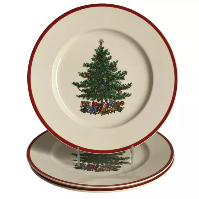 3 Taylor Smith Taylor HOLLY SPRUCE 10 1/2" Dinner Plates Red Rim Christmas