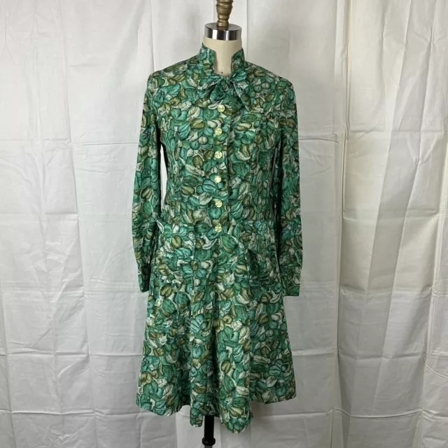 Vintage 1950s-1960s Feather Novelty Print Dress W/ Pearly Buttons