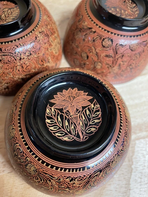 SET OF 3 Burmese Lacquer Bowls Cups Hand Painted Lacquerware Asian Myanmar 7