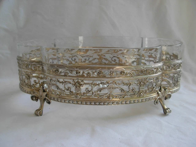 ANTIQUE FRENCH STERLING SILVER ETCHED CRYSTAL TABLE CENTER PIECE,LATE 19th
