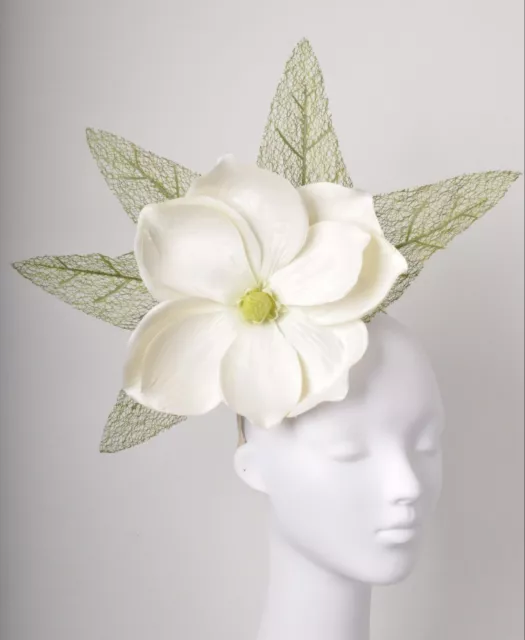 White Cream Green Fern Feather Spike Magnolia Flower crown Fascinator Raceday...