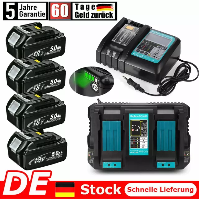 18V 5Ah für Makita Ersatzakku BL1850B LXT Li-ion BL1860 1830 Dual-Ladegerät