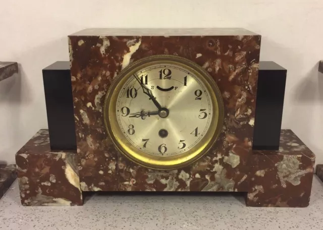 Vintage German Art Deco Clock Set Time Only Runs Marble Case & Garnitures 2