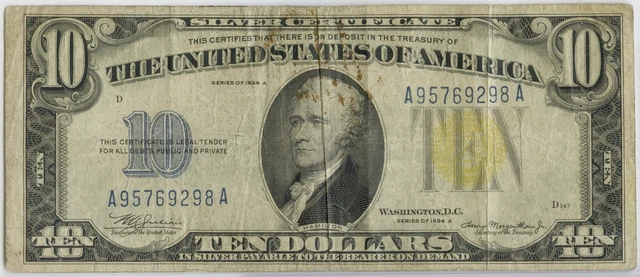 1934 Silver $10 Dollar Certificate Bill Banknote Blue Seal Currency Note DN194